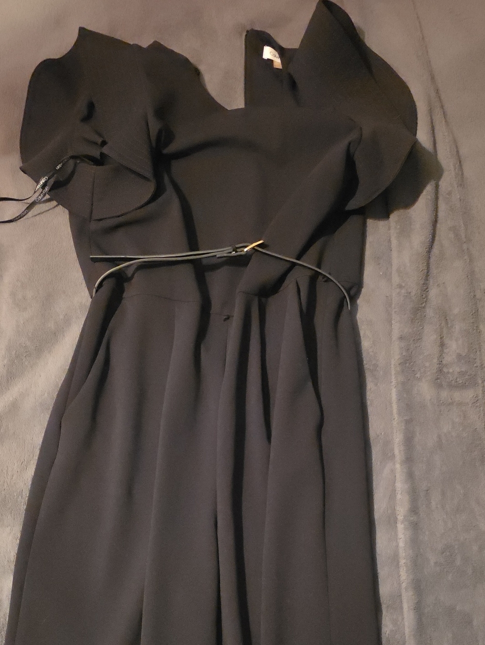 Calvin Klein Black Onsie with Ruffle Cap Sleeves and Slim Belt